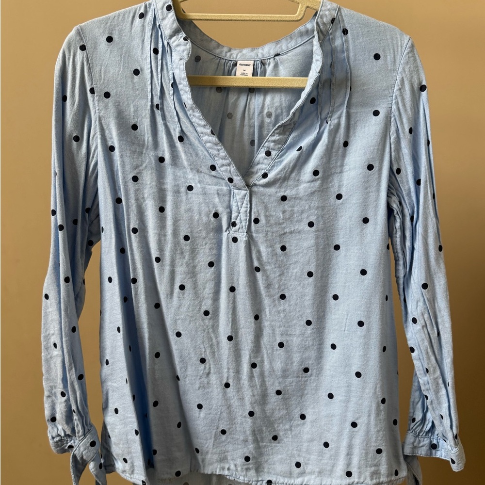 Old Navy Light Blue Blouse with Black Dots